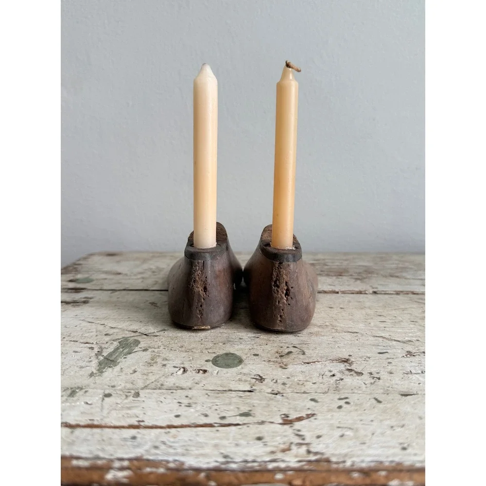 Vintage Wooden Child Shoe Last Candle Holders Cobbler Form Set Morton 150 4.5D